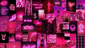 Vibrant Pink Neon Aesthetic Collage With Glowing Signs, Text, And Cyberpunk Visual Elements HD wallpaper