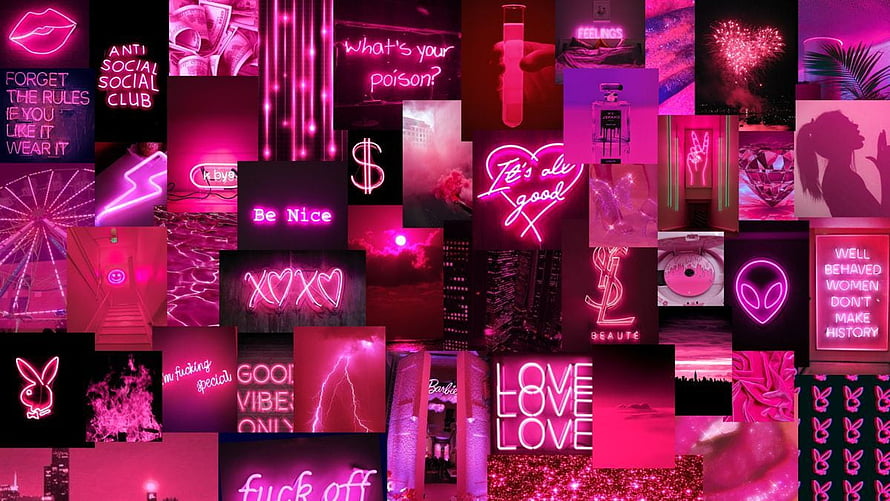 Vibrant Pink Neon Aesthetic Collage With Glowing Signs, Text, And Cyberpunk Visual Elements HD wallpaper
