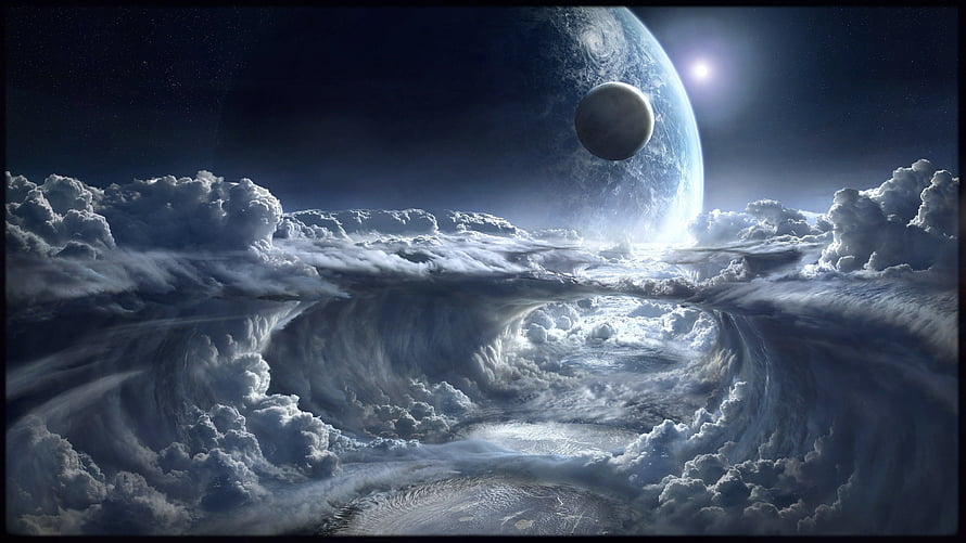 Mystical Cloud Tunnel Leading to a Distant Planet and Moon in Deep Space HD wallpaper