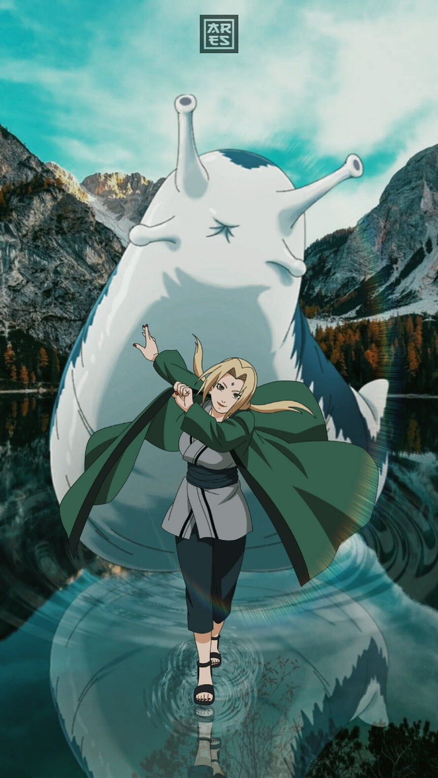 Tsunade Senju and Gamabunta in a Serene Mountain Lake Setting from Naruto HD phone wallpaper