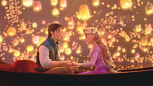 Rapunzel and Flynn Rider sharing a romantic moment in a boat beneath floating lanterns from Disney Tangled HD wallpaper