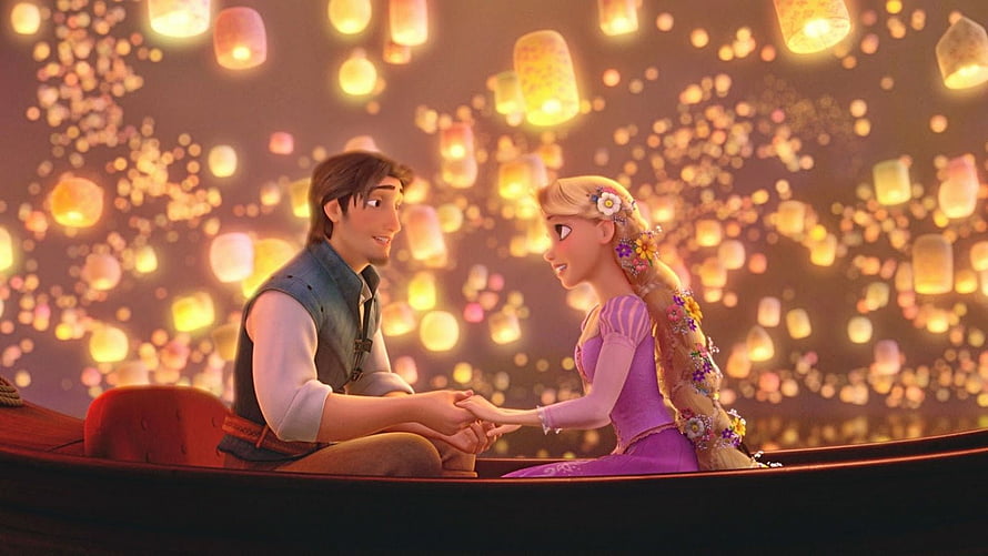 Rapunzel and Flynn Rider sharing a romantic moment in a boat beneath floating lanterns from Disney Tangled HD wallpaper