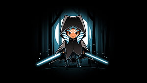 Ahsoka Tano Chibi Jedi Knight Wielding Dual Blue Lightsabers in Dark Forest HD wallpaper
