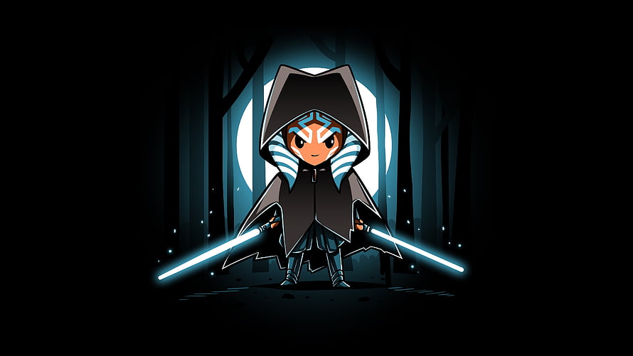 Ahsoka Tano Chibi Jedi Knight Wielding Dual Blue Lightsabers in Dark Forest HD wallpaper