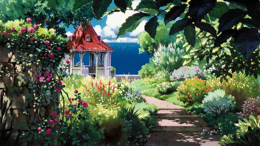 Sunny Garden Path Leading To Red Roof Gazebo By The Sea HD wallpaper
