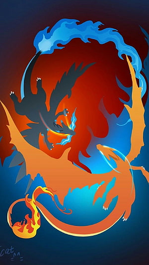Charizard and Mega Charizard X Dynamic Fire and Ice Battle Illustration HD phone wallpaper