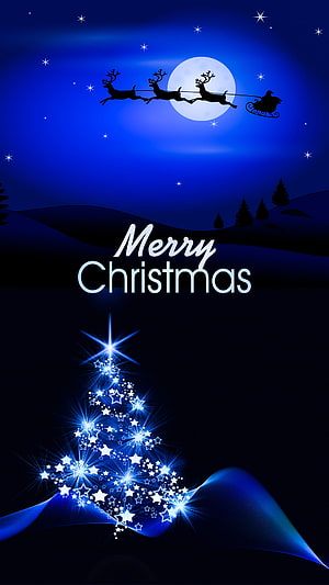 Merry Christmas Blue Night Sky With Santa Sleigh Silhouette And Glowing Star Tree HD phone wallpaper