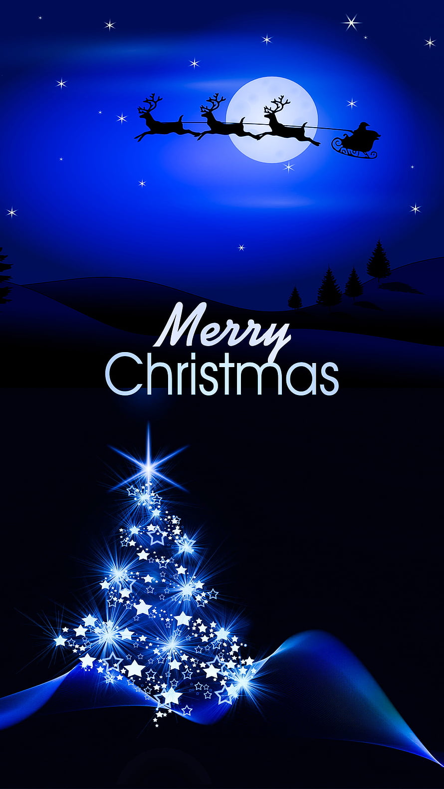 Merry Christmas Blue Night Sky With Santa Sleigh Silhouette And Glowing Star Tree HD phone wallpaper