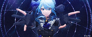 Blue-haired anime girl with black gloves reaching forward against a magical starry background HD wallpaper