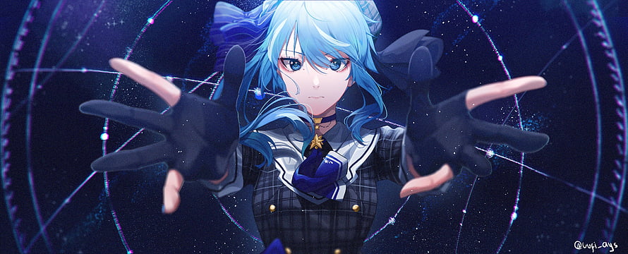 Blue-haired anime girl with black gloves reaching forward against a magical starry background HD wallpaper