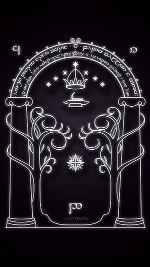 The Gates of Durin from Lord of the Rings: Ornate White Line Art on Black Background HD phone wallpaper