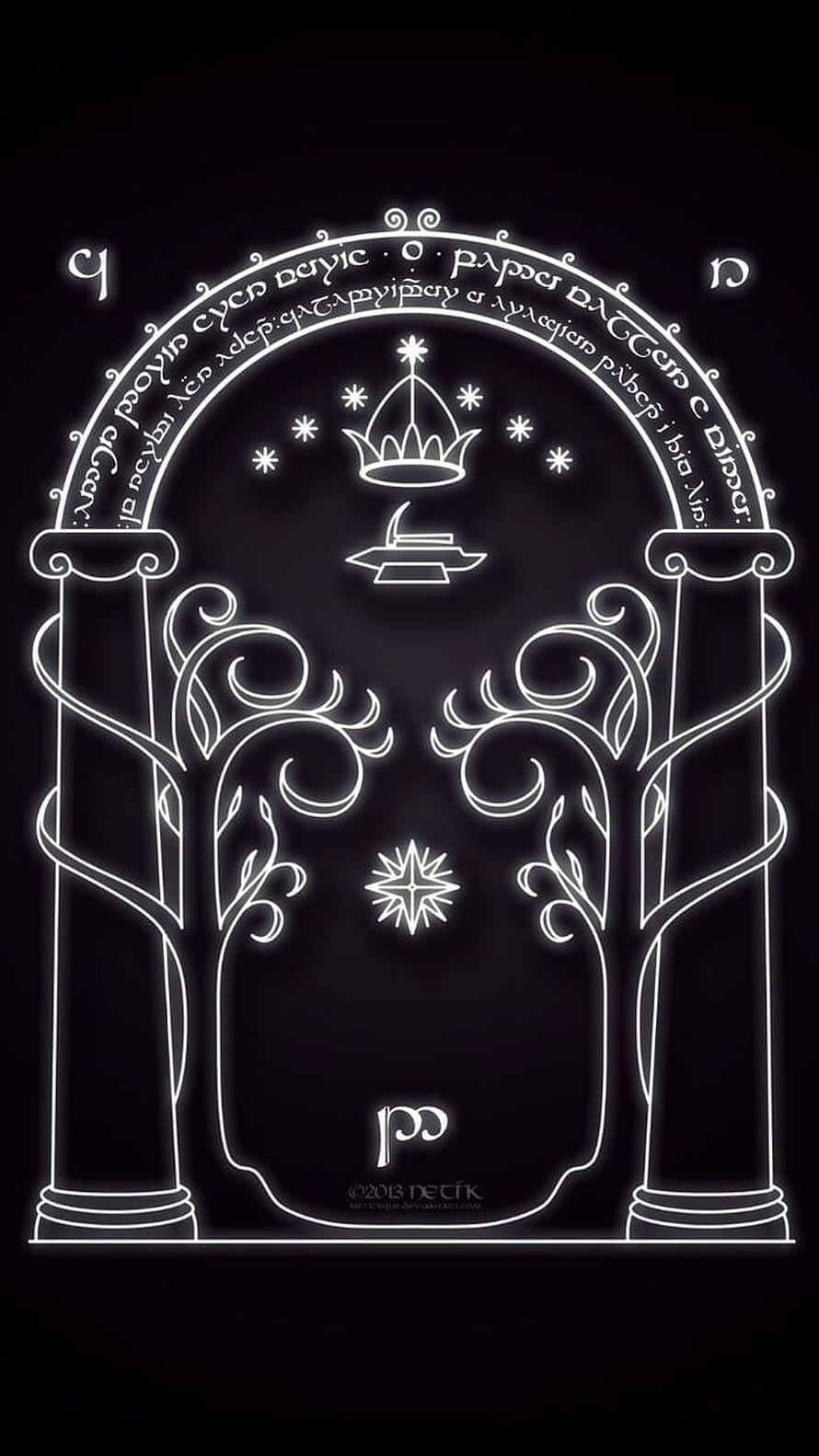 The Gates of Durin from Lord of the Rings: Ornate White Line Art on Black Background HD phone wallpaper