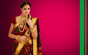Elegant Indian Woman in Traditional Silk Saree with Gold Jewelry, ideas in 2022. herbalife shake calories, beautiful paintings of flowers, mural art design, Jewellery Model HD wallpaper