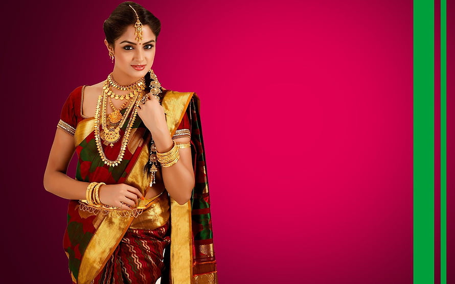 Elegant Indian Woman in Traditional Silk Saree with Gold Jewelry, ideas in 2022. herbalife shake calories, beautiful paintings of flowers, mural art design, Jewellery Model HD wallpaper