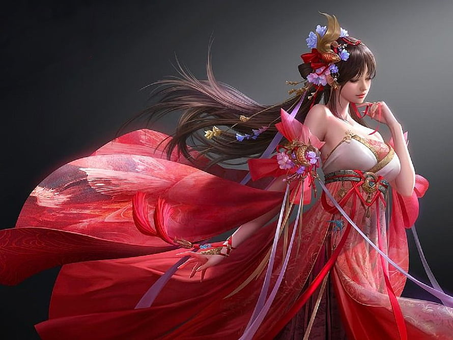 Elegant Woman in Flowing Red Hanfu with Floral Hair Ornaments, Oriental Beauty, digital, art, fantasy, , beautiful, girl, woman HD wallpaper
