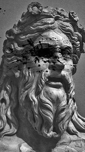 Monochrome Greek Zeus Statue With Ink Splatter Overlay And Classical Beard Detail HD phone wallpaper
