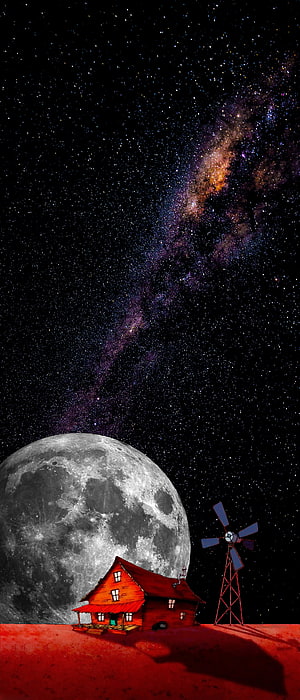 Red Cabin and Windmill on Alien Planet with Giant Moon and Milky Way Galaxy HD phone wallpaper