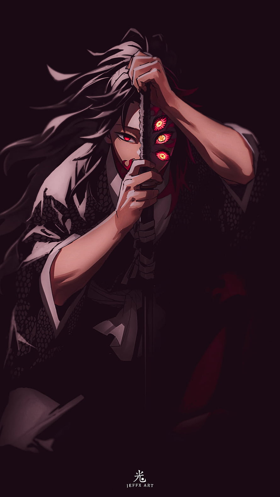 Muzan Kibutsuji from Demon Slayer holding a sword with glowing red eyes in a dark anime style HD phone wallpaper