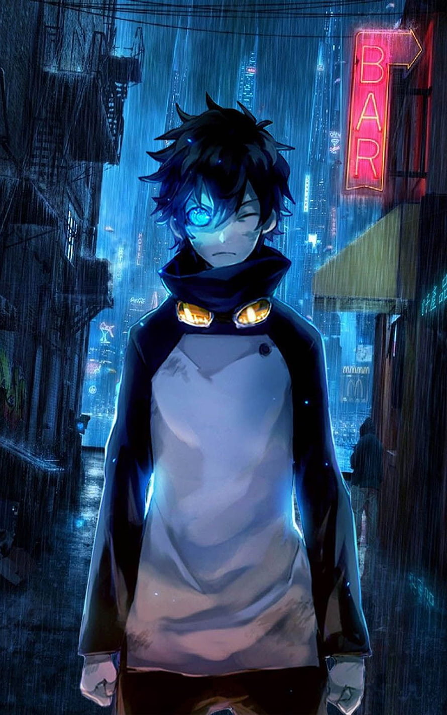 Anime Boy With Glowing Blue Eye In Rainy Cyberpunk City Street HD phone wallpaper