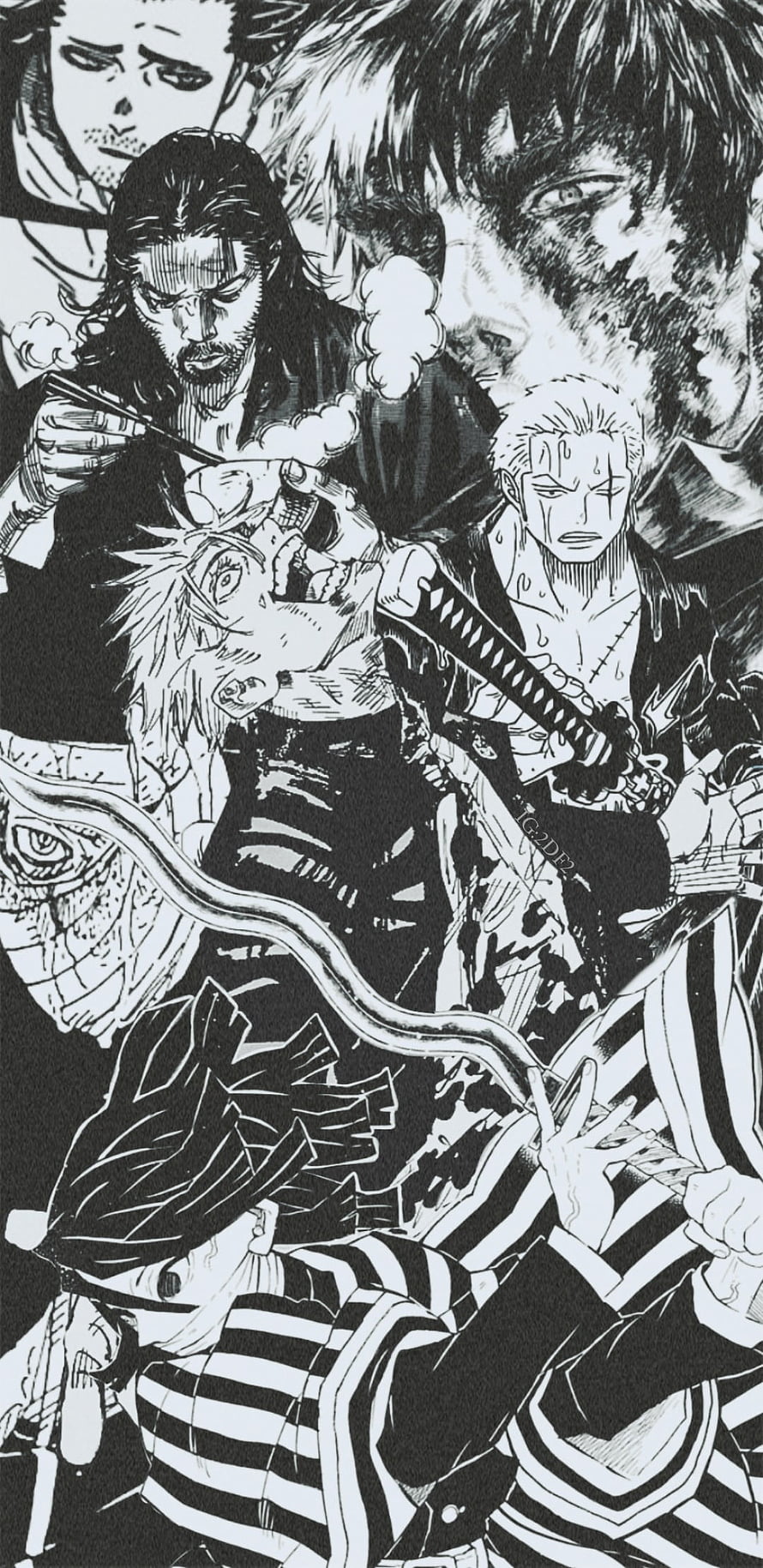Dark Shonen Manga Compilation Featuring Berserk, One Piece, and Jujutsu Kaisen Characters HD phone wallpaper