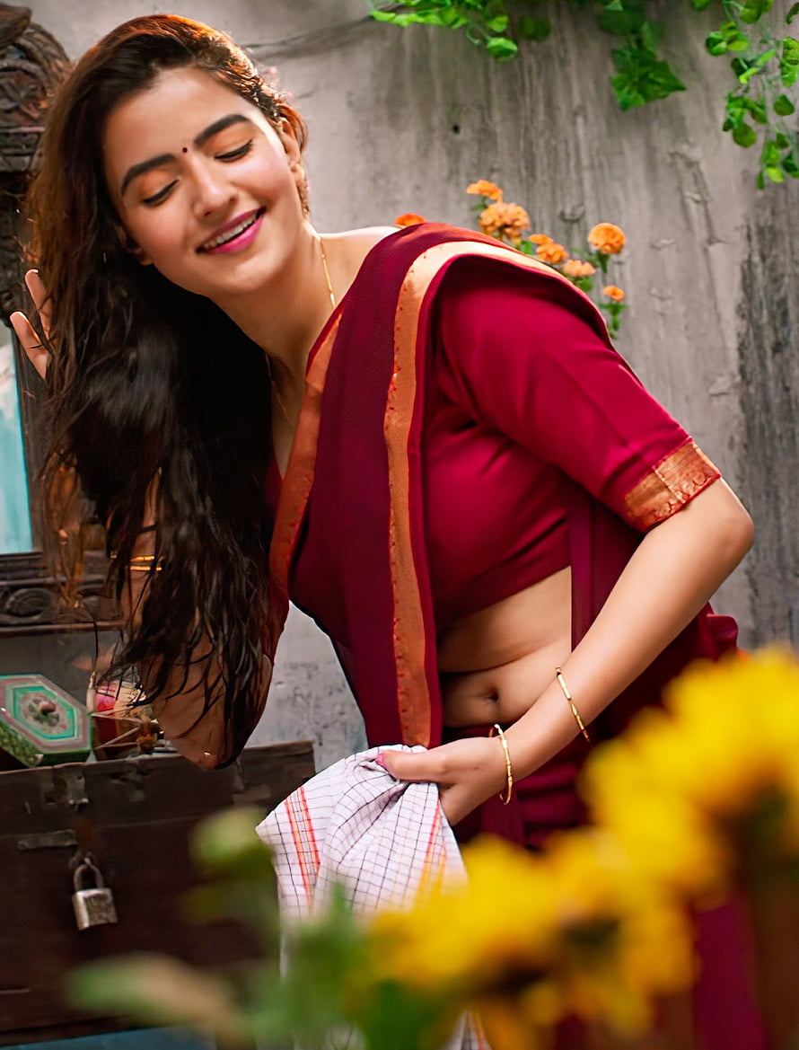 Rukshar Dhillon in Maroon Saree with Gold Border and Floral Garden Setting HD phone wallpaper