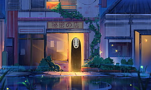 No-Face Standing in the Warm Glow of a Rainy Japanese Shop Entrance at Night HD wallpaper