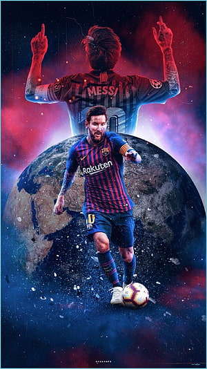 Lionel Messi in FC Barcelona kit dribbling soccer ball with cosmic background HD phone wallpaper