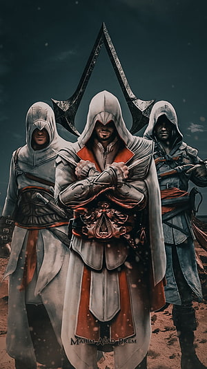 Assassin's Creed Brotherhood Trio Featuring Ezio Auditore and Altair Beneath the Assassin Emblem HD phone wallpaper