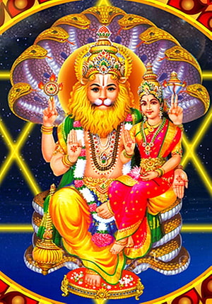 Lord Narasimha and Goddess Lakshmi Seated on a Serpent Throne with a Multi-Headed Cobra Canopy HD phone wallpaper