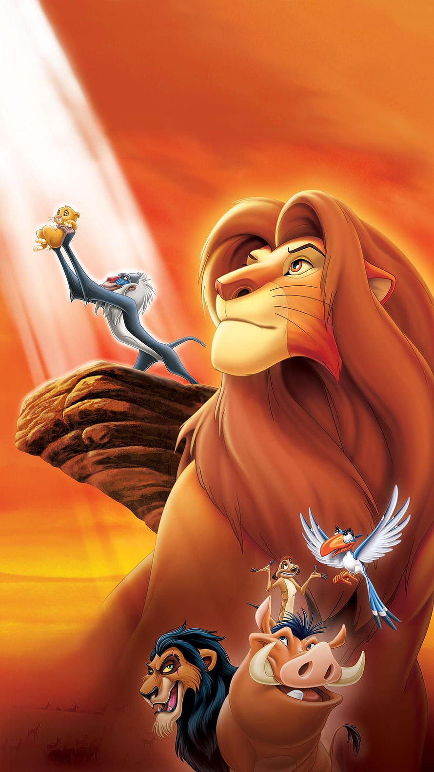 The Lion King Classic Animated Poster Featuring Simba, Rafiki, Timon, Pumbaa, Zazu, and Scar HD phone wallpaper