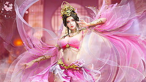 Elegant Fantasy Woman in Pink Floral Dress with Golden Accessories, Pretty in Pink, , girl, woman, veils, art, exotic, beautiful, pink, digital, fantasy, lamamake HD wallpaper