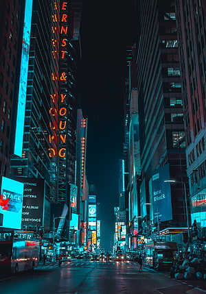 Times Square New York City Night Street View with Neon Billboards and Cyberpunk Atmosphere HD phone wallpaper