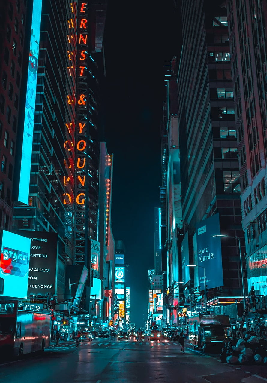 Times Square New York City Night Street View with Neon Billboards and Cyberpunk Atmosphere HD phone wallpaper