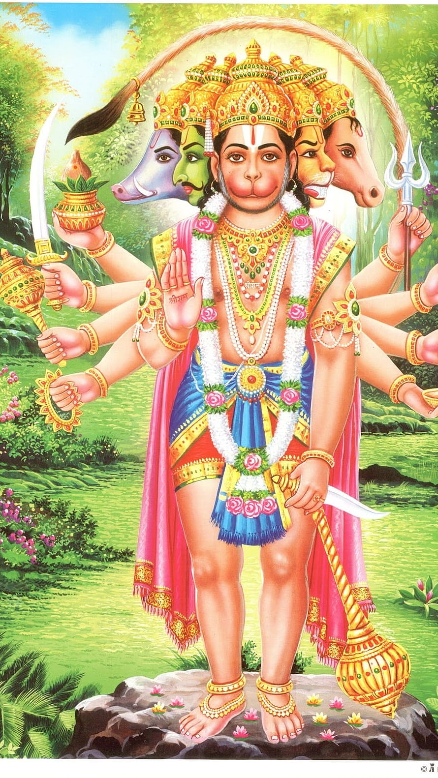 Panchmukhi Hanuman Five-Headed Hindu Deity Illustration with Weapons and Floral Garland, Panchmukhi Hanuman, Lord, Hanuman HD phone wallpaper