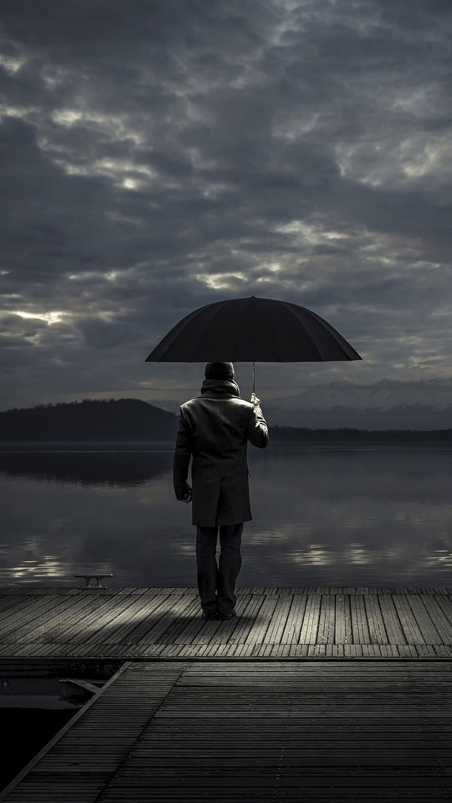 Solitary Man Standing on Wooden Dock with Umbrella Under Stormy Sky, Alone, Alone Man, Man Sad HD phone wallpaper
