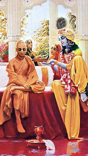 Lord Krishna Offering Prasad to a Sage in Traditional Indian Painting HD phone wallpaper