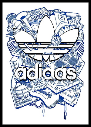 Adidas Trefoil Logo Artwork Featuring Retro Music Equipment and Sneakers in Blue Line Art HD phone wallpaper