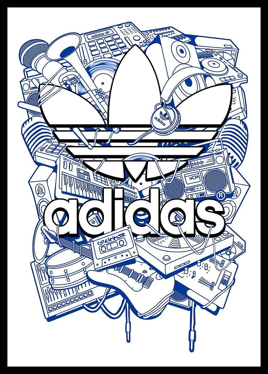 Adidas Trefoil Logo Artwork Featuring Retro Music Equipment and Sneakers in Blue Line Art HD phone wallpaper