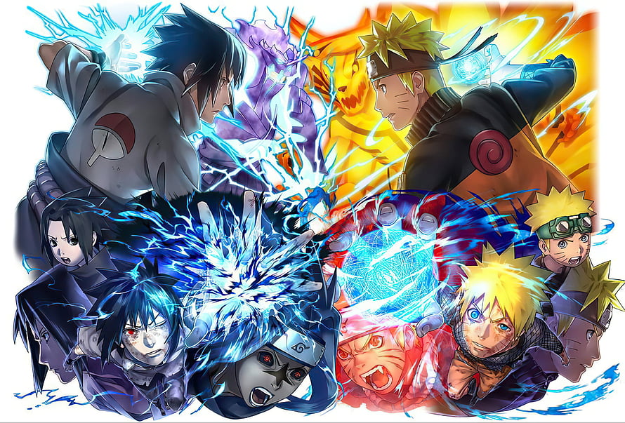 Naruto Uzumaki and Sasuke Uchiha Epic Battle Scene with Rasengan and Chakra Effects HD wallpaper