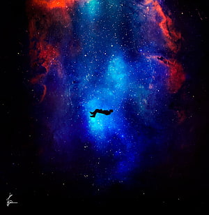Silhouette of a person floating in a vibrant blue and red cosmic nebula with stars HD phone wallpaper