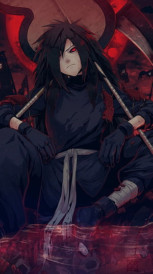 Madara Uchiha Sitting With Giant Sword In Dark Red Battlefield Anime Wallpaper HD phone wallpaper