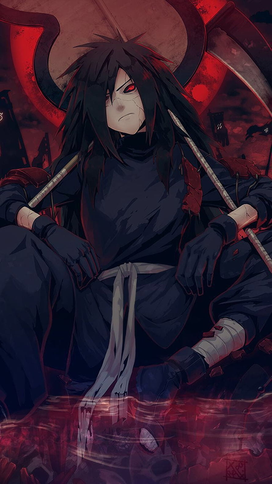 Madara Uchiha Sitting With Giant Sword In Dark Red Battlefield Anime Wallpaper HD phone wallpaper