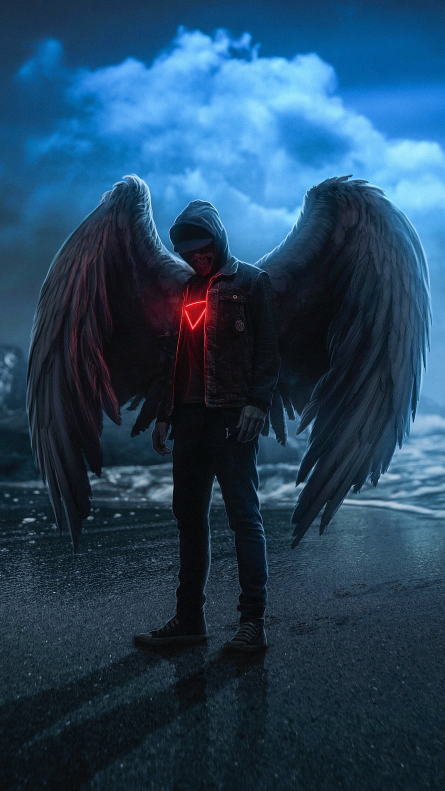 Dark Hooded Figure With Massive White Wings And Glowing Red Chest Emblem HD phone wallpaper