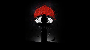 Silhouette of a Samurai Sitting on a Pillar Against a Red Sun and Crows HD wallpaper