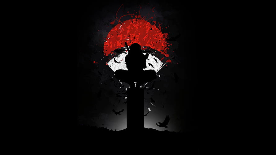 Silhouette of a Samurai Sitting on a Pillar Against a Red Sun and Crows HD wallpaper