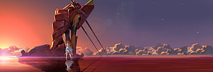 Asuka and Evangelion Unit-02 Standing in a Surreal Sunset Landscape HD wallpaper