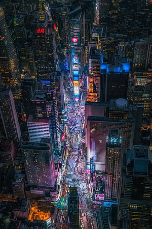 Aerial View of Times Square New York City at Night with Neon Lights and Skyscrapers HD phone wallpaper