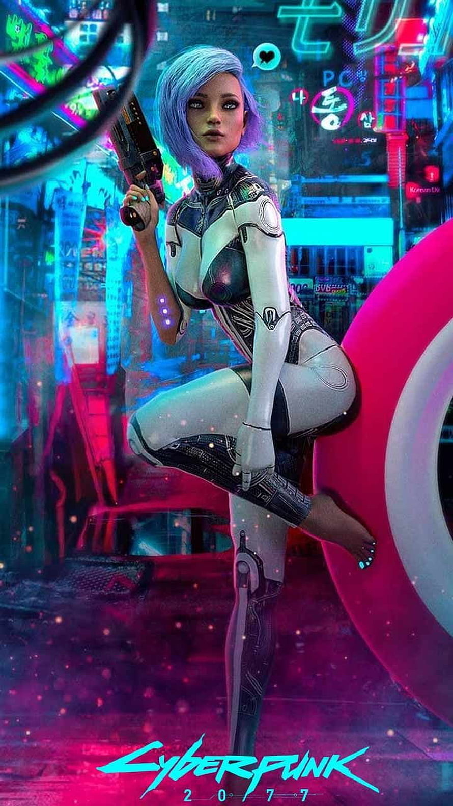 Cyberpunk 2077 Female Character in Futuristic Cybernetic Suit Holding Weapon in Neon City HD phone wallpaper