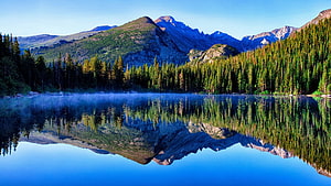Bear Lake Reflection in Rocky Mountain National Park with Alpine Forest and Peaks HD wallpaper