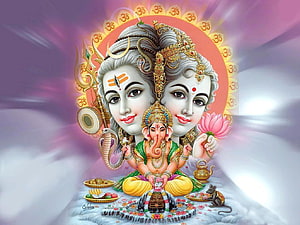 Lord Shiva and Parvati with Ganesha in a Divine Family Portrait HD wallpaper